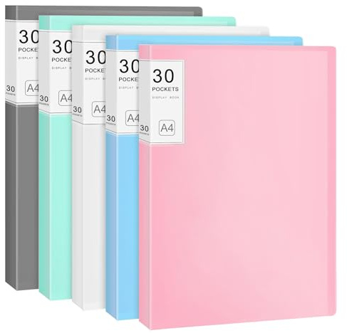 XHDA 5 Pack A4 Folder with 30 Plastic Sleeves, A4 Display Book Folders for School and Office Presentation Document Project