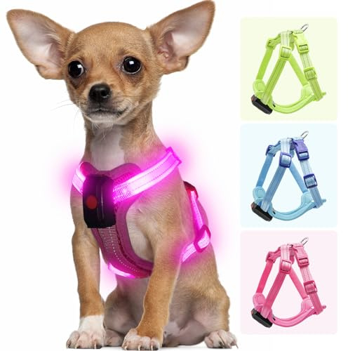 Visiklit Light Up Dog Harness for Small Dogs Rechargeable, LED Dog Vest Harness, Adjustable Illuminated Glow in Dark Dog Harness for Puppy Night Safety Walking 360° True Illumination-Pink
