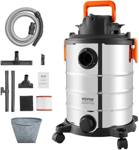 VEVOR Vatten- och dammdammsugare, 30 L, bärbar våt torrdammsugare i rostfritt stål, 6 hk max, effektiv vindtunnel sug med munstycke, hjul, mattor, skräp, djurhår, svart silver