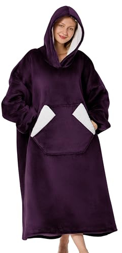 Wearable Blanket Hoodie, Sherpa Fleece Hooded Blanket, Oversized Hoodie for Adults Women Men, Cozy Blanket Sweatshirt with Giant Hood, Pocket & Sleeves, Gifts for Wife, Mom, One Size Fits All (Purple)