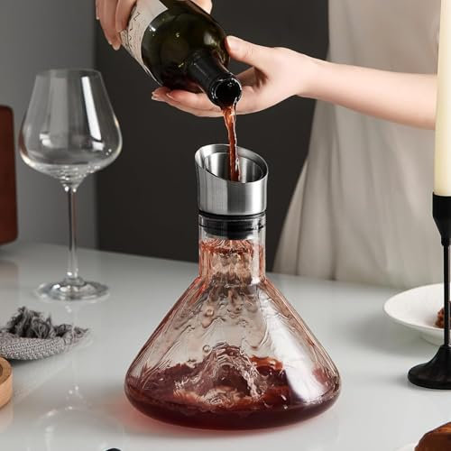 Iceberg Carafe à décanter à vin rouge avec aérateur, verre de cristal, 1500 ml, en acier inoxydable, bec verseur anti-goutte, filtre aérateur de vin intégré, cadeau de Noël (transparent)