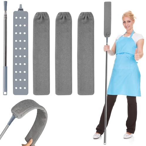 Plumero Telescópico con Cepillos de Microfibra, Cepillo Limpieza de Polvo Flexible, Atrapapolvo con Varilla de Acero Inoxidable, 3 Capuchas Lavable, para Debajo del Sofá Cama, Muebles, Piso