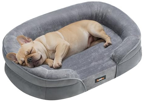 Feandrea Hundebett, Hundekissen, für mittelgroße Hunde, 76 x 51 x 18 cm, orthopädisch, wasserdichte Innenschicht, erhöhte Ränder, Abnehmbarer, waschbarer Bezug, rutschfest, hellgrau PGW281G01
