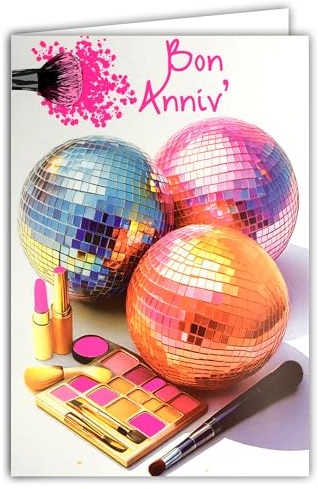 AFIE Födelsedagskort för flickor med kuvert 12 x 17,5 cm - dekorativa discobollar dansmusik rosa läppstift - äkta fluorescerande bläck - fransk skapelse och tillverkning - 69-8129