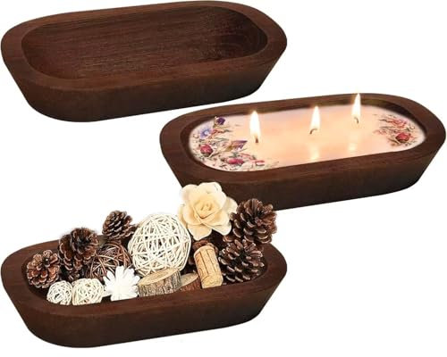 Phinicco 3 Pack 9.7in 20oz Wooden Dough Bowls for Candle Making Rustic Wooden Bowl Lightweight Candle Holder Empty Decorative Bowl (wicks included)