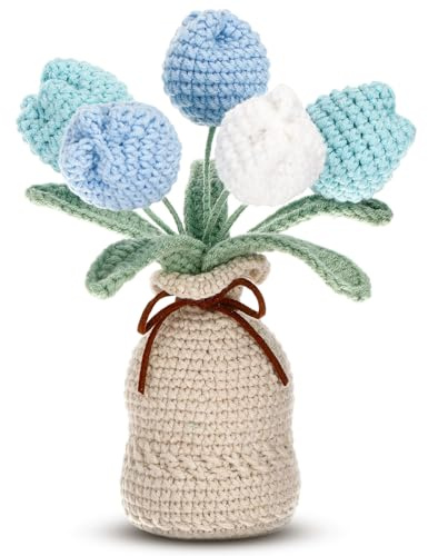Marsui Crochet Flowers Bouquet Knitted Tulips Gifts with Vase for Women