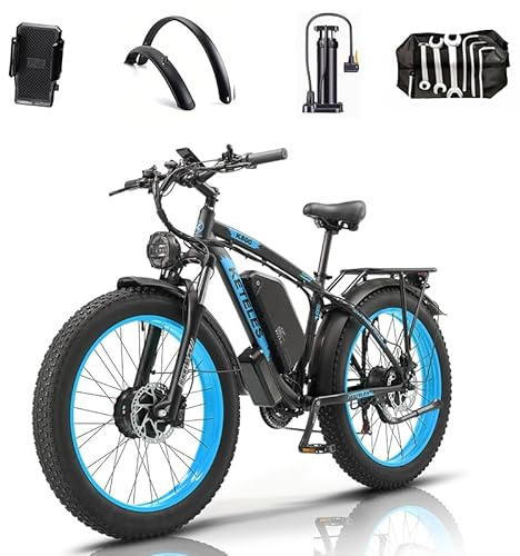 QIKAITU Electric Bike, 48V 23AH E bike with Phone Holder, 26x4 Electric Bikes for Adults, 85N.M 250W Ebike 90KM Range 21-Speed Hydraulic Disc Brakes LCD Display (23AH Blue)