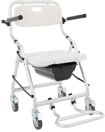 Silla de inodoro con ruedas, 150 kg, plegable, con 4 frenos y cubo extraíble, altura 46 cm para personas mayores, movilidad reducida y cuidado