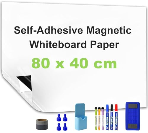 WIBOSOGA Lavagna Bianca Magnetica Autoadesiva, 80 x 40 cm, Foglio Lavagna Cancellabile Bianca, Lavagna da Parete per Scuola, Ufficio e Casa, Include Pennarelli, Cancellino e Magneti