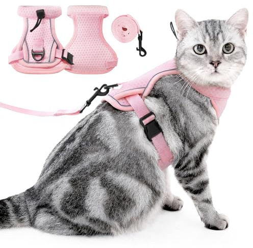 PAWIVID Cat Harness and Leash Set - Escape Proof, Adjustable Breathable Vest Harnesses with Reflective Strips, Easy Control & Secure Walking for Small Medium Large Cats Kitten Collar (Pink, Large)