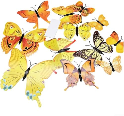Lot de 72 autocollants muraux en forme de papillon 3D jaune double couche pour salon, chambre à coucher