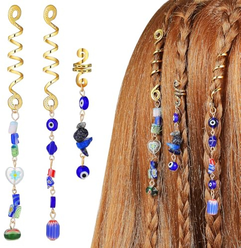 BEBEMOKO 3pcs Blue Cat’s Eye Stone Hair for Braids Dreadlock Jewelry Decorative Hair Accessories Ethnic Style Clips for Women