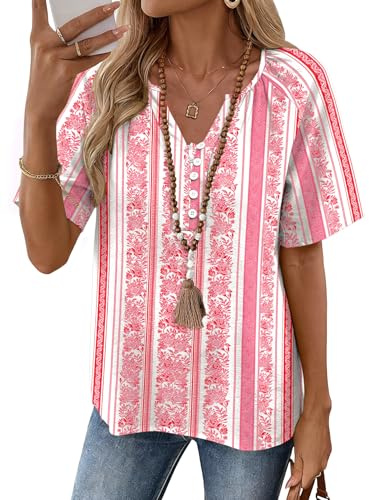 Rapbin Chemisier pour femme - Col en V - Hauts d'été élégants - Manches courtes - T-shirt décontracté - Boutons amples - Tunique décontractée de S à XXL, Rayé rose., XXL