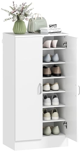 HOMCOM Meuble à Chaussures 14 Paires avec 7 Niveaux 55 x 35 x 108 cm Blanc