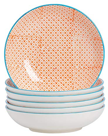 Nicola Spring Patterned Pasta Bowls - Orange - Pack of 6 - Porcelain Flower Print Design Rice Serving Bowls for Cereal, Fruit, Dessert, Salad, Noodles, Snacks