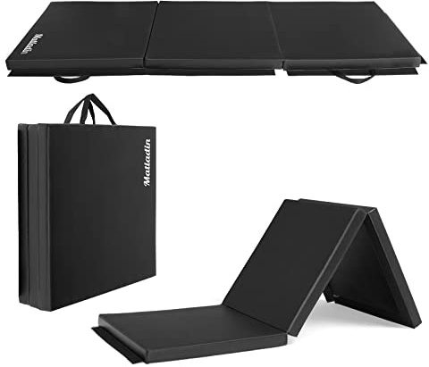 Matladin 6' Folding Tri-fold Gymnastics Gym Exercise Aerobics Mat, 6ft x 2ft x 2in PU Leather Tumbling Mats for Stretching Yoga Cheerleading Martial Arts (Black)