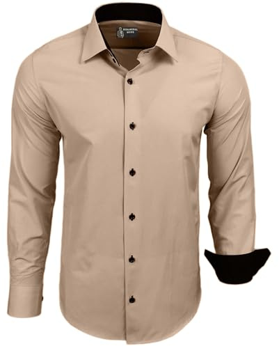 Subliminal Mode - Repassage Facile Chemise Homme Col Bicolore Uni Manches Longues Coupe Slim Business Idée Cadeau, Noël, Saint Valentin RN44,6XL,Beige