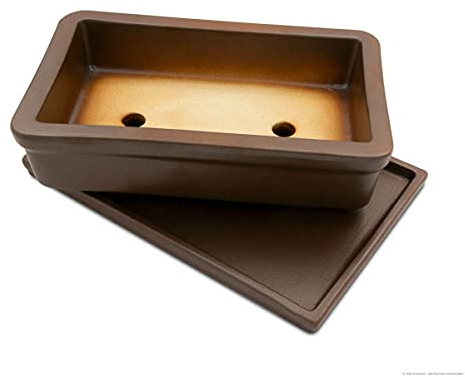 K&K Keramik Bonsaischale mit Unterschale, braun-matt, 29x18x7 cm