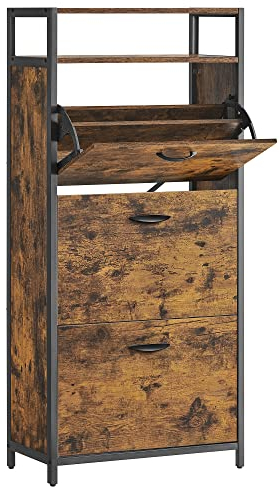 VASAGLE Shoe cabinet, high shoe storage cabinet with 3 folding doors, open shelf, inner divider, in the hallway for 12-18 pairs of shoes, space saving, 60 x 30 x 130 cm, rustic brown and black