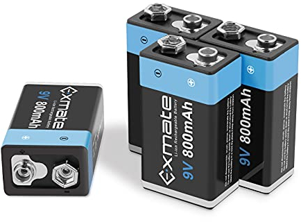 Exmate 9V Pilas Recargables,800mAh Li-Ion Batería 6F22 9V para Dispositivos Domésticos Inteligentes, Alarmas de Humo, Alarmas de Incendio (Paquete de 4)