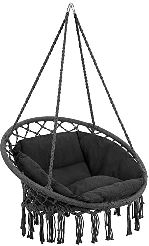 Bakaji Poltrona Sospesa da Esterno Giardino in Corda di Cotone Sedia Dondolo Pensile Amaca Terrazzo Campeggio con Struttura Circolare in Acciaio Seduta Imbottita Cuscino Design Moderno (Grigio)