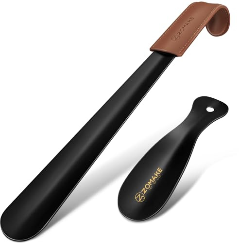 ZOMAKE Calzador de Zapatos 2 Piezas,42cm Largo Metalico Calzadores Negro para Personas Mayores con Correa Cuero,19cm Acero Inoxidable Shoe Horn Fácil de Utilizar(2 Piezas Negras A)