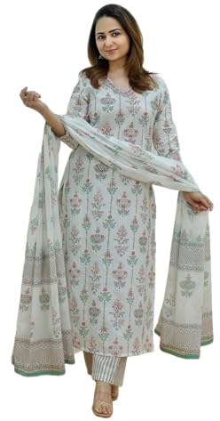 KLOSIA Women's Printed Kurta and Trousers Set with Dupatta, White, Medium