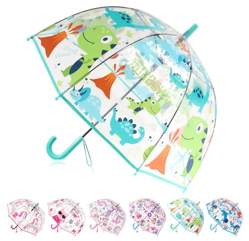 Wxjiahetai Kids Umbrella for Girls & Boys Toddler Childrens Clear Bubble Umbrella for Kids Small Durable Kids Umbrellas for Rain Outdoor(Clear Blue Dinosore)