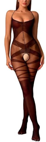 Bommi Fairy Women's Stripes Crotchles Bodycon Sexy Fishnet Halter Slips Lingerie Bodysuit Mini Dress Club Wear Party Dress Out Fits (Black)