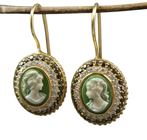 925 Silber Ohrhänger - Hängend - 14k Vergoldet - Lady Kamee - Vintage - Kamee - Antik - Zirkonia - Gemme - Jugendstil - Geschenk für Frauen - Geburtstagsgeschenk - Schmuck-Geschenk