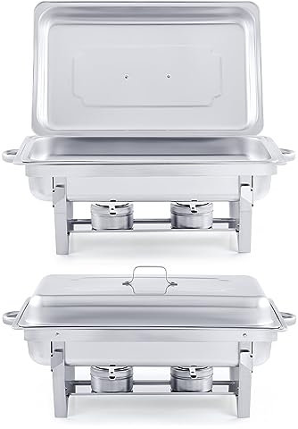 WILPREP Lightweight Chafing Dish Buffet Set 2 Pack, Rectangle Stainless Steel Food Warmer with Lids Food Pans and Fuel Holders, 9L Buffet Serving Utensils for Restaurant Catering Parties Weddings