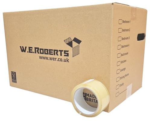 W.E. Roberts 30 Large Strong Cardboard House Moving Boxes with Carry Handles and Room List, Removal Packing boxes Boxes for moving house 45.7cm x 28.8cm x 28.8cm with 66 Metre Low Noise Clear Tape