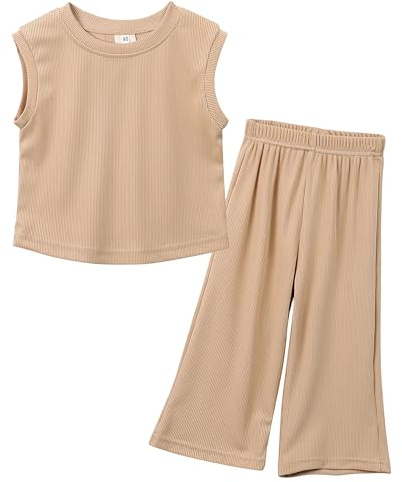 Happy Cherry Completo Estivo Set 2 Pezzi Bambina Ragazze Canotta Senza Maniche Lavorato a Maglia + Pantaloni a Vita Elastica Completi Tuta Casual Tinta Unita 9-10 Anni Cachi