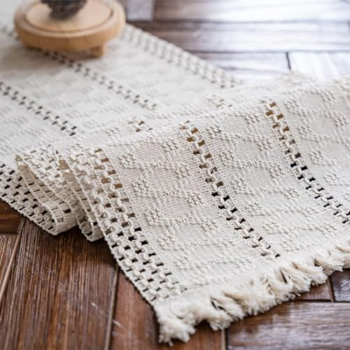 Alynsehom Macrame Table Runner Cream Beige Boho Table Runners with Tassels Hand Woven Cotton Table Runner Rustic Farmhouse Table Runners for Bohemian Kitchen Dining Table(12x36in)