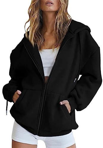 Huvjacka dam svart oversize – sweatjacka dam med huva bomull sweatshirtjacka långärmad huvtröja med dragkedja huvtröja fitness basic träningsjacka sweatshirtjacka oversize tröja