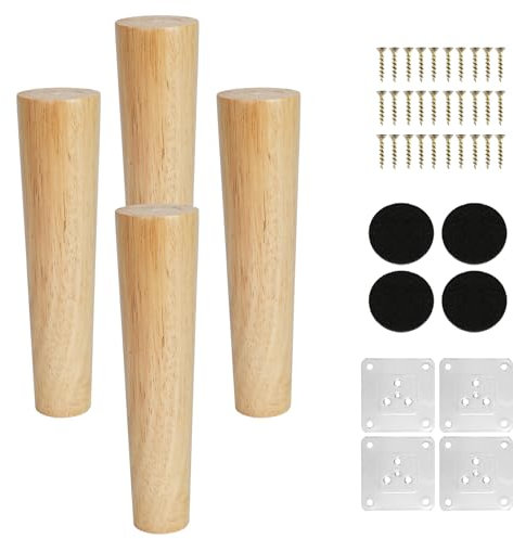 KINDPMA 4 Pièces 20cm Pieds de Meubles Bois Coniques en Chêne Massif Pieds de Table en Bois Pieds D'armoire Pieds de Canapé avec Plaque de Montage, Vis pour Canapé, Lit, Meuble TV, Table