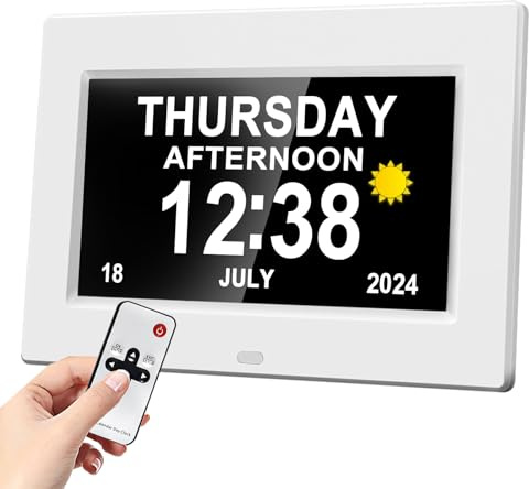 Youyu 7 Dementia Clock for Dementia Sufferers, Digital Calendar & Digital Alarm Clock for Elderly, Dementia Clocks with Days Dates and Time of Day, Remote & HD Picture Frame, White