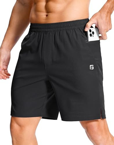 GGJ Men's Lightweight Athletic Shorts with 2 Zipper Pockets 7 Gym Workout Running Quick Dry Tennis Basketball Shorts for Men Black L