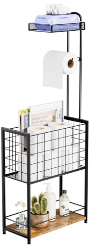 SWTYMIKI Freestanding Toilet Paper Holder - 4-Tier Toilet Roll Holder Free Standing Stand with Large Toilet Roll Basket, Stand Mega Roll Storage Rack for Extra Rolls, Magazines, Wet Wipes, Black