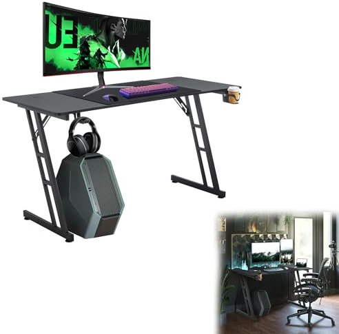 Suusonly Gaming Tisch Profi, 160x60cm Bürotisch & Computertisch mit Getränkehalter, Ergonomischer PC Schreibtisch Gaming, Höhenverstellbarer Schreibtisch Gaming für Gamer, Schwarz -ohne LED