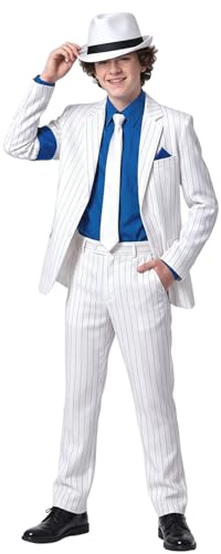 Koongso Disfraz de Super Star Michael para niños, trajes de cosplay de Pop King MJ, abrigo de rayas blancas, pantalones con corbata, sombrero, trajes de los años 80 y 90, disfraz de Halloween, baile