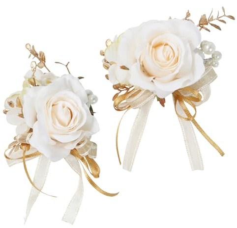 Wasise Prom Flower Corsage - 2PCS Wrist Corsage and Boutonniere Set, White Rose Boutonniere, Wrist Corsages for Wedding, Wedding Wrists Flowers, White and Gold Brooch, Corsages Kit