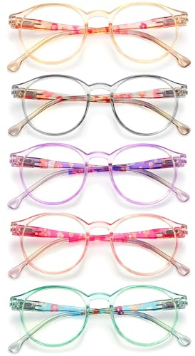 LANLANG 5er-Pack Blaulichtfilter Lesebrille für Damen mit Federscharnier, rund, 5 Farben, PC-Rahmen, leicht, +2.5 Dioptrien