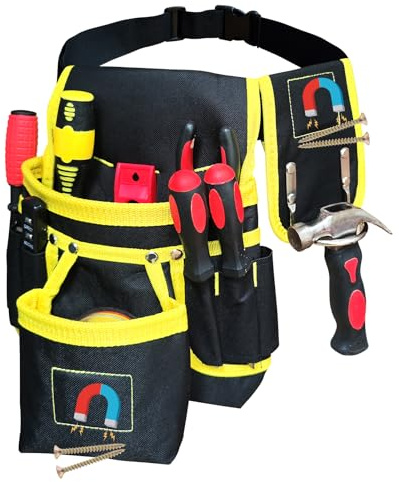 Sneulletoys Tool Belts Pouch for Men，Heavy Duty Tool Pouch Belt with 26 Pockets and a Hammer Holder,Detachable Adjustable Magnetic Professional Work Tool Belt for Electricians,Carpenters,Builders
