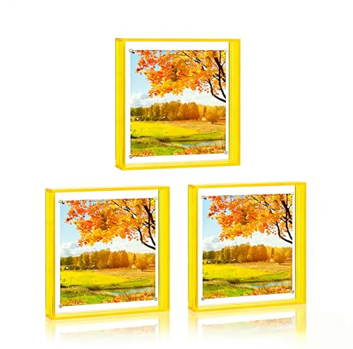 10x10 Frame, Acrylic Glass Photo Frames with HD Acrylic, Fits 8x8 with Mat or 10 x 10 without Mat, Display for Wall and Table, 3Pack For Christmas & Happy New Year (Art Deco, Lemon Yellow, 10X10-3Pack)