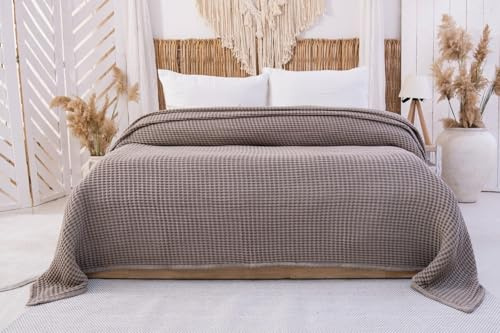 BOHORIA Colcha de 220 x 240 cm en efecto gofre NIU Waffle, extragrande, 100 % algodón, Oeko-Tex, manta para sofá, sillón y cama, manta de lana (sepia, 220 x 240 cm)