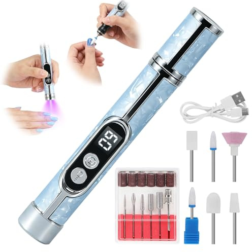 Electric Nail File for Thick Toe Nails, 2 in 1 Electric Nail Drill with UV Lamp, 5 Speed Nail Drill Machine for Various Nails, Toe Nail Grinder for Thick Toenails, Blue (18 Nail Drill Bits