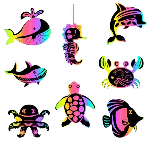 Lot de 48 images à gratter - Motif animaux marins - Arc-en-ciel - Avec bâtonnets en bois et ruban - Bricolage pour le monde sous-marin - Décoration de fête d'anniversaire - Cadeau de fête