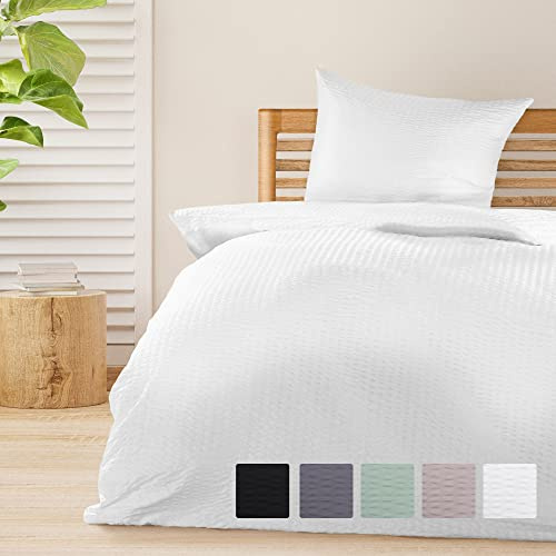 Beautissu Set di 2 Biancheria da letto Seersucker 155x220 cm Meline - Copripiumino con cerniera per l'estate - Federa e copripiumino traspirante e delicato sulla pelle - bianco