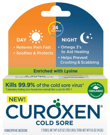 CUROXEN Cold Sore Day & Night Relief Combo Pack, Cold Sore Ointment Day and Night Use, All Day Cold Sore Relief with All-Natural & Organic Ingredients, Enriched with Lysine - 2 Tubes, 0.25 oz Each